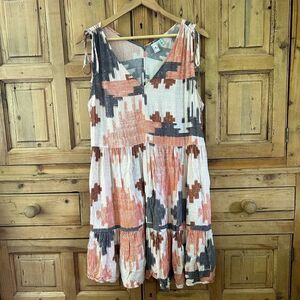 Susina Size Medium Tank Top Dress Aztec Print Tiered V-Neck Peplum‎ Waist Rayon